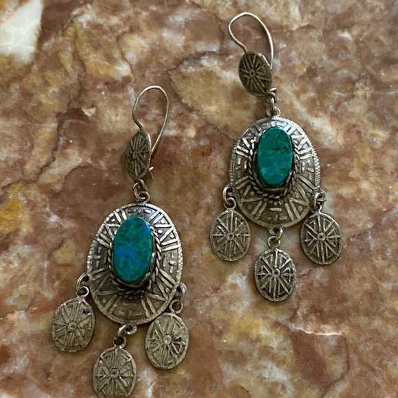 Native American Azurite Malachite 925 Earrings VTG - Picture 5 of 10